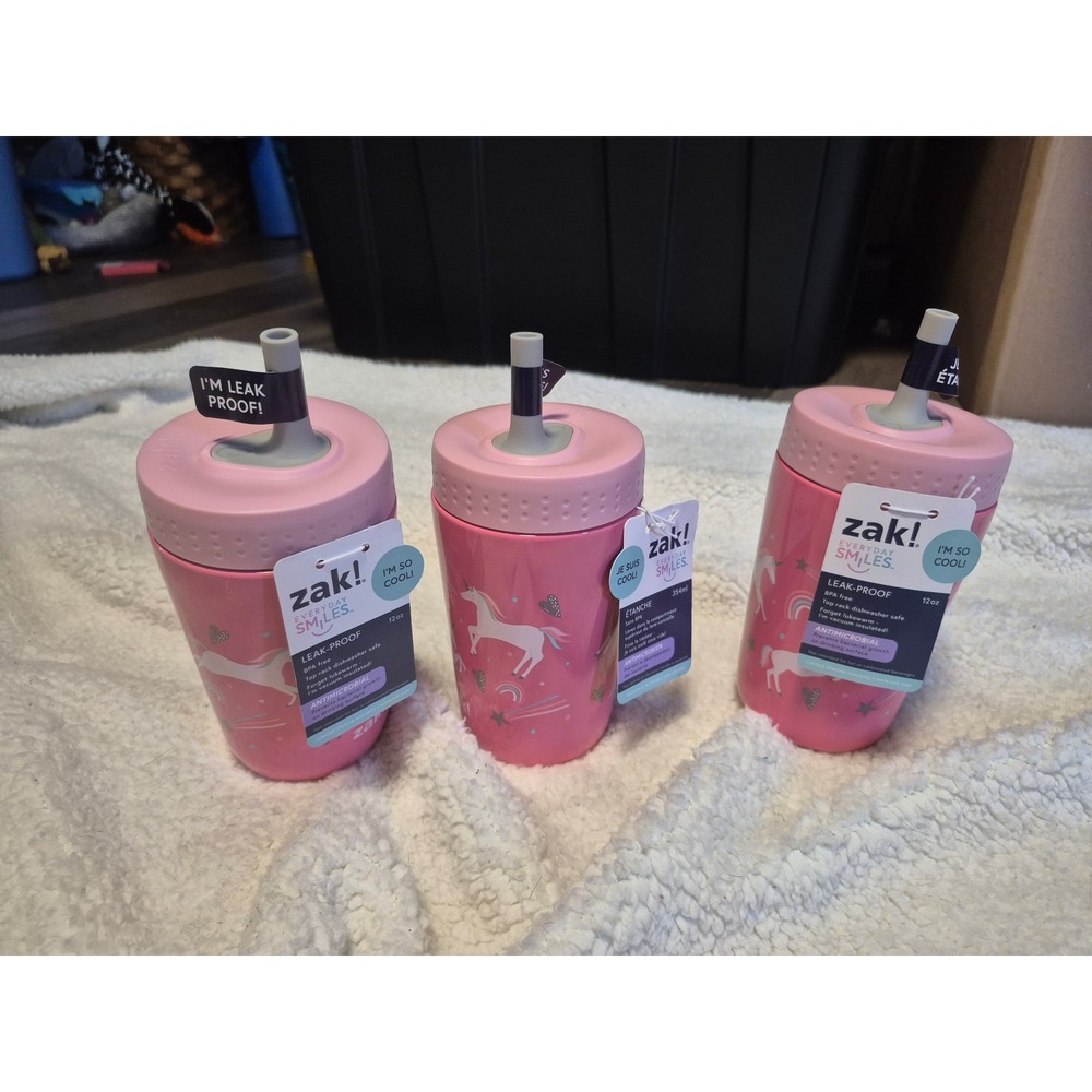 Zak Everyday Smiles Pink Unicorn Leak-Proof 12oz Insulated Tumbler Set of 3 NEW
